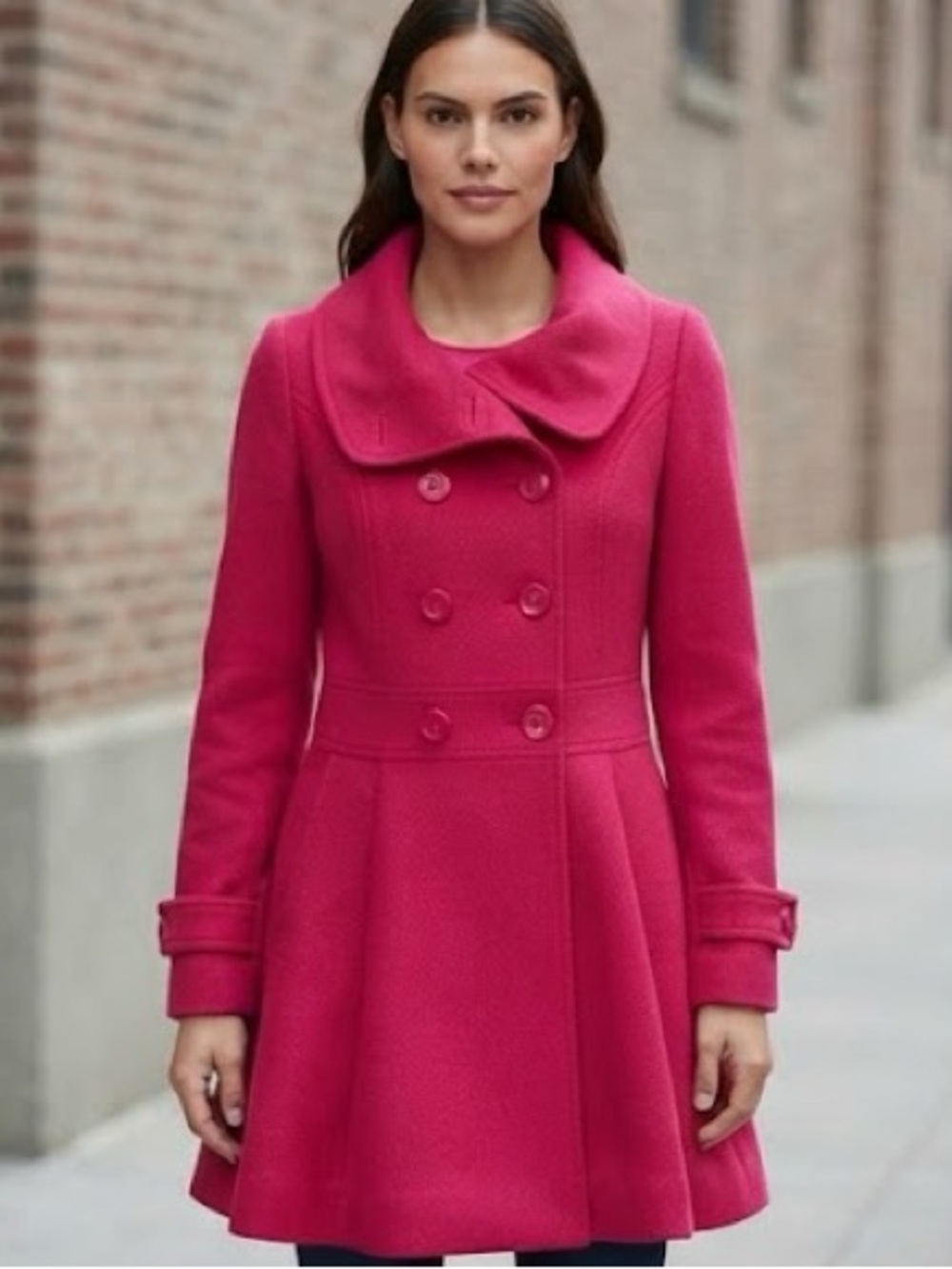 Rare✨ United Colors of Benneton Women’s Double-Breasted Fit & Flare Coat -Fuchsi